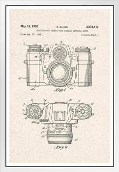 Sauer Vintage Camera 1962 Official Patent Diagram White Wood Framed Art Poster 14x20