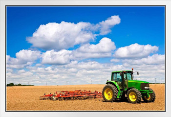 Green Tractor in Plowed Field Photo Photograph White Wood Framed Poster 20x14