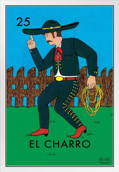 25 El Charro Cowboy Loteria Card Mexican Bingo Lottery White Wood Framed Poster 14x20