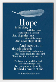 Emily Dickenson Hope Is The Thing With Feathers Blue White Wood Framed Poster 14x20