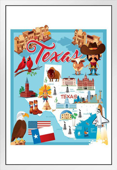 Illustrated Map of TEXAS White Wood Framed Poster 14x20