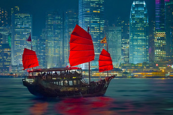 Hong Kong Water Taxi With Read Sails At Night Photo Photograph Cool Wall Decor Art Print Poster 18x12