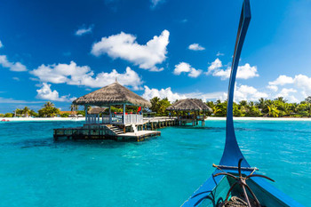 Beautiful Maldives Beach and Jetty with Bungalow Photo Photograph Sunset Palm Landscape Pictures Ocean Scenic Scenery Tropical Nature Photography Paradise Thick Paper Sign Print Picture 12x8