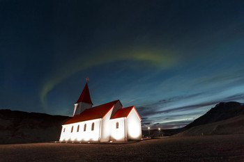 Aurora Borealis Above Rural Church with Red Roof in Vik Iceland Photo Photograph Thick Paper Sign Print Picture 12x8