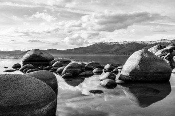 Stones Rocks Reflecting Water Lake Tahoe California Black White Photo Photograph Beach Sunset Landscape Pictures Scenic Scenery Nature Photography Paradise Thick Paper Sign Print Picture 12x8