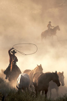 Laminated Cowboys On Horseback Wrangling Horses On Dusty Ranch Western Lasso Horse Farm Animals Moody Sepia Style Photo Photograph Poster Dry Erase Sign 12x18