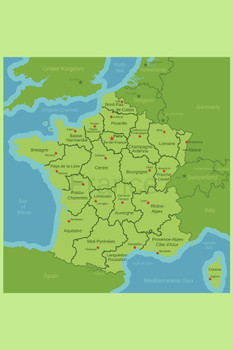Regions of France Map Thick Paper Sign Print Picture 8x12