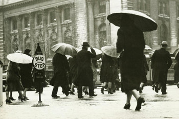 Pedestrians Walking in Rain New York City B&W Photo Photograph Thick Paper Sign Print Picture 12x8