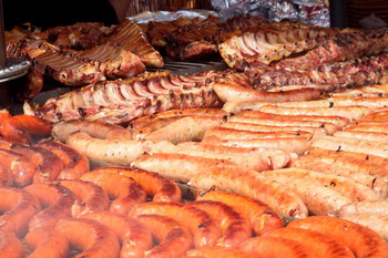 BBQ Barbecue Ribs and Sausages Smoking Over the Pit Photo Photograph Thick Paper Sign Print Picture 12x8