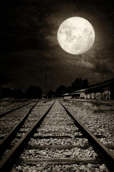 Abandoned Railroad Tracks in the Moonlight Photo Photograph Spooky Scary Halloween Decorations Thick Paper Sign Print Picture 8x12
