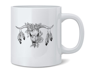 Bull Skull With Roses Feathers Graphic Retro Coffee Mug 12oz