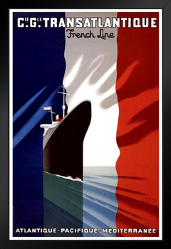 France Transatlantique Line French Flag Ocean Liner Cruise Ship Atlantic Pacific Ocean Vintage Illustration Travel Cool Wall Decor Art Print Black Wood Framed Poster 14x20