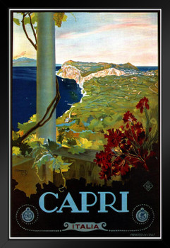 Visit Capri Italy Ocean Historic Coastal Town City Vintage Illustration Travel Cool Wall Decor Art Print Black Wood Framed Poster 14x20