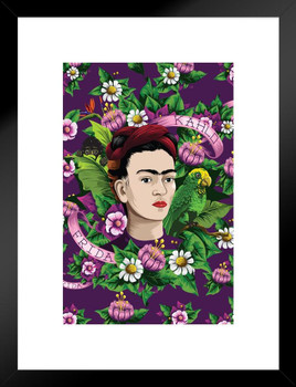 Frida Kahlo Flowers Background Self Portrait Face Painting Feminist Feminism Painter Pop Art Colorful Purple Matted Framed Art Wall Decor 20x26