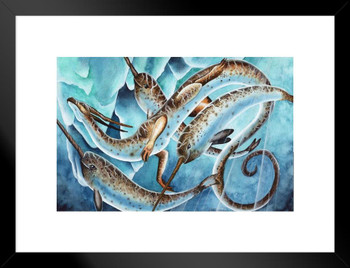 Icy Depths by Carla Morrow Dragon Narwhal Whales Swimming Under Arctic Ice Fantasy Cool Wall Decor Matted Framed Wall Decor Art Print 20x26