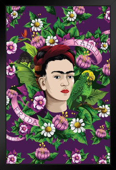 Frida Kahlo Flowers Background Self Portrait Face Painting Feminist Feminism Painter Pop Art Colorful Purple Black Wood Framed Art Poster 14x20