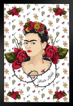 Frida Kahlo Skull Background Self Portrait Face Painting Feminist Feminism Painter Colorful Black Wood Framed Art Poster 14x20