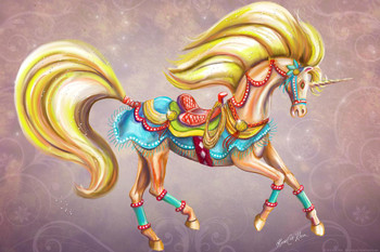 Laminated Western Palomino Carousel Horse Unicorn by Rose Khan Poster Dry Erase Wall Art 24x36