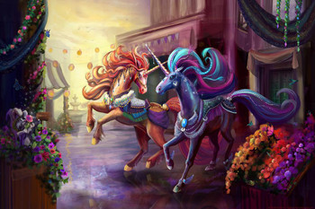 Laminated Red and Blue Unicorn Carousel Horse Fantasy by Rose Khan Poster Dry Erase Wall Art 24x36