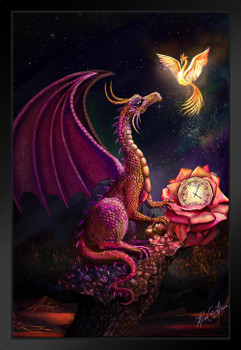 Red Time Dragon with Phoenix Friend by Rose Khan Cool Wall Decor Art Print Black Wood Framed Poster 14x20