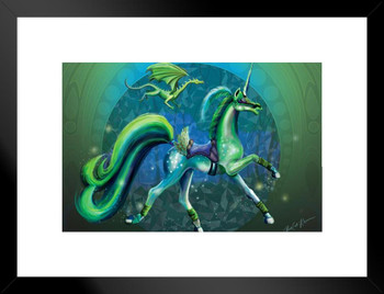 Green Summer Unicorn Carousel Horse with Dragon by Rose Khan Cool Wall Decor Matted Framed Wall Decor Art Print 20x26