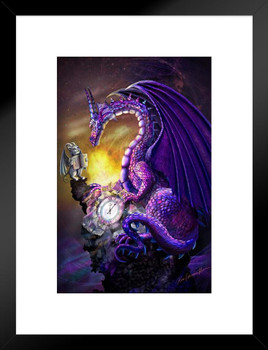 Purple Time Dragon with Gargoyle Friend by Rose Khan Poster Fantasy Clock Cosmos Shiny Scales Matted Framed Art Wall Decor 20x26