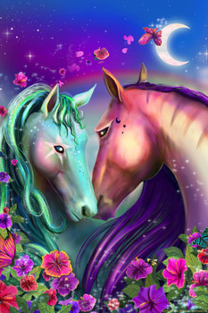Laminated Unicorn Pair in a Moonlight Garden by Rose Khan Poster Dry Erase Wall Art 24x36