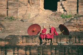 Laminated Little Monks Red Umbrella Outside Temple Mingun Pahtodawgyi Photo Poster Dry Erase Wall Art 36x24