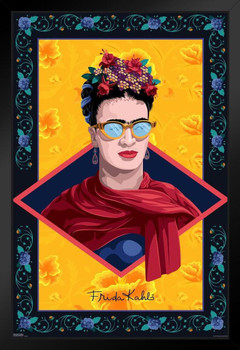 Frida Kahlo Glasses Self Portrait Painting Feminist Feminism Painter Colorful Face Gold Black Wood Framed Art Poster 14x20