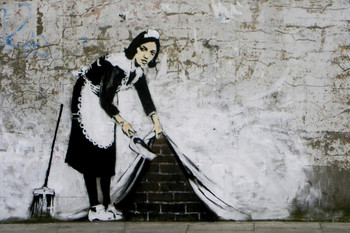 Laminated Banksy Sweeping Under Wall Graffiti Art Maid Lifting Dustpan Satirical Satire Building Graffiti Artist Art Street Vandal Stencils Urban Brick Wall and Peace Poster Dry Erase Sign 24x36