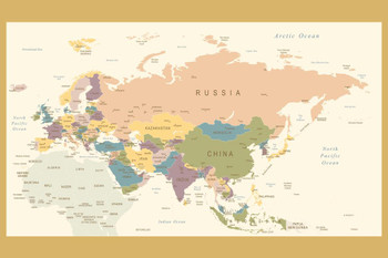 Laminated Vintage Map of Eurasia Travel World Map with Cities in Detail Map Posters for Wall Map Art Wall Decor Geographical Illustration Tourist Travel Destinations Poster Dry Erase Sign 36x24