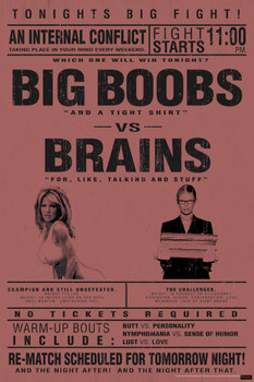 Laminated Big Boobs vs. Brains College Humor Poster Dry Erase Sign 24x36