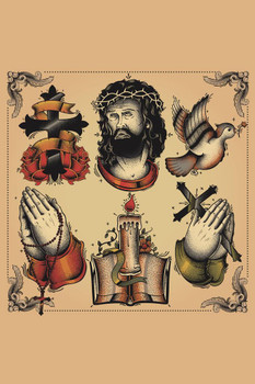 Laminated Religious Tattoos Symbols Illustrations Art Print Poster Dry Erase Sign 24x36