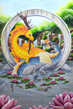 Unity by Carla Morrow Golden Carp Dragon Yin Yang in Pond Fantasy Cool Wall Decor Art Print Poster 24x36