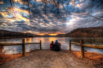 Laminated Father and Son Enjoying Lake Sunrise Photo Photograph Poster Dry Erase Sign 36x24