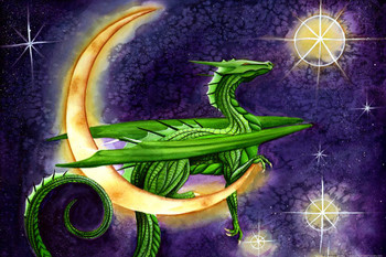 Laminated Waining Worries Green Dragon by Carla Morrow  Moon Fantasy Poster Starry Night Sky Drawing Stars Poster Dry Erase Wall Art 12x18