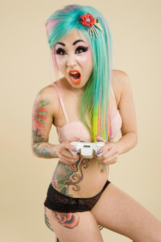 Laminated Hot Young Gamer in Lingerie Playing Video Games Photo Photograph Poster Dry Erase Sign 24x36