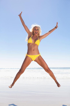 Laminated Beautiful Woman Jumping for Joy on Beach Bikini Photo Photograph Poster Dry Erase Sign 24x36