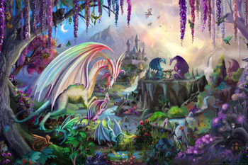 Laminated Valley of the Dragon Paradise by Rose Khan Fantasy Poster Beautiful Colorful Dragons In Nature Poster Dry Erase Sign 12x18