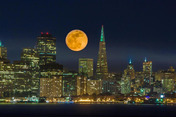 Laminated Full Moon Over San Francisco California Skyline Photo Photograph Poster Dry Erase Sign 36x24