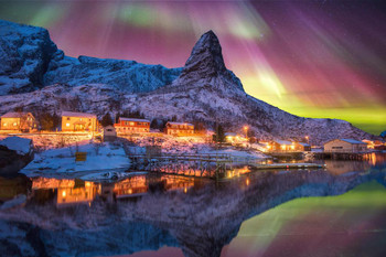 Laminated Aurora Borealis Above Snowy Islands of Lofoten Photo Photograph Poster Dry Erase Wall Art 36x24