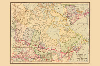 Laminated Dominion of Canada and New Foundland 1898 Antique Style Map Poster Dry Erase Wall Art 36x24