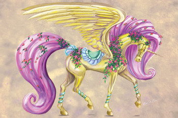 Yellow Pegasus Carousel Horse Unicorn with Flowers by Rose Khan Cool Wall Decor Art Print Poster 12x18