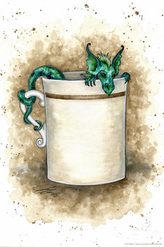 Laminated Good Morning Baby Green Dragon In Coffee Cup by Amy Brown Fantasy Poster Poster Dry Erase Sign 24x36