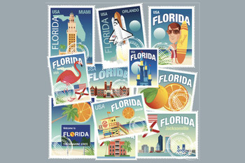 Laminated Florida Miami Daytona West Palm Beach Travel Stamps Art Print Cool Wall Art Poster Dry Erase Wall Art 36x24