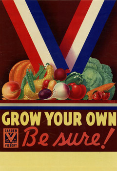 Laminated WPA War Propaganda Grow Your Own Garden For Victory Red White Blue Ribbon Vegetables Poster Dry Erase Sign 24x36