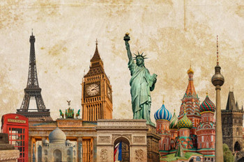 Laminated World Landmarks Collage Vintage Postcard Eiffel Tower Big Ben Photo Photograph Poster Dry Erase Sign 36x24