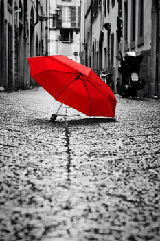 Laminated Red Umbrella Cobblestone Street Old Town Wind And Rain Black And White Poster Dry Erase Sign 24x36