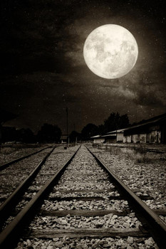 Laminated Abandoned Railroad Tracks in the Moonlight Photo Photograph Spooky Scary Halloween Decorations Poster Dry Erase Wall Art 24x36