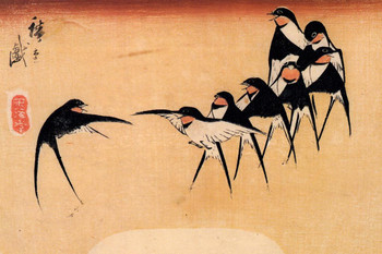 Laminated Utagawa Hiroshige Dancing Swallows Japanese Art Poster Traditional Japanese Wall Decor Hiroshige Woodblock Landscape Artwork Animal Nature Asian Print Decor Poster Dry Erase Sign 36x24